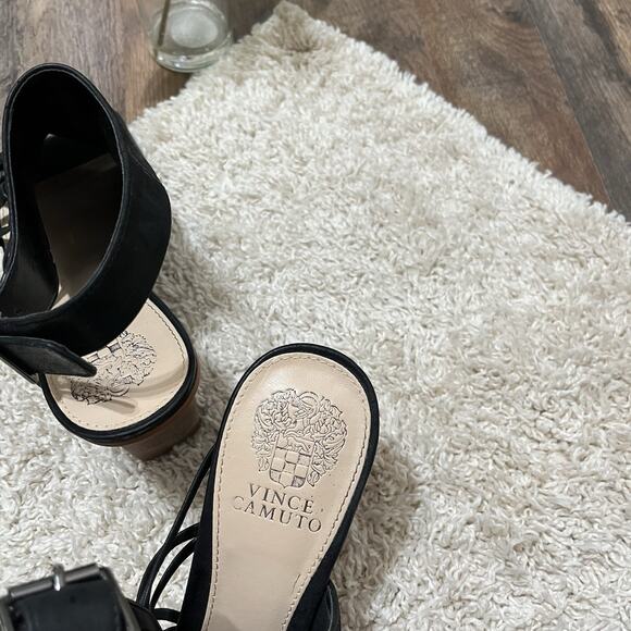 Vince Camuto Size 8.5 M Black Leather Woven Peep Toe Ankara Heels Sandals - Picture 6 of 8